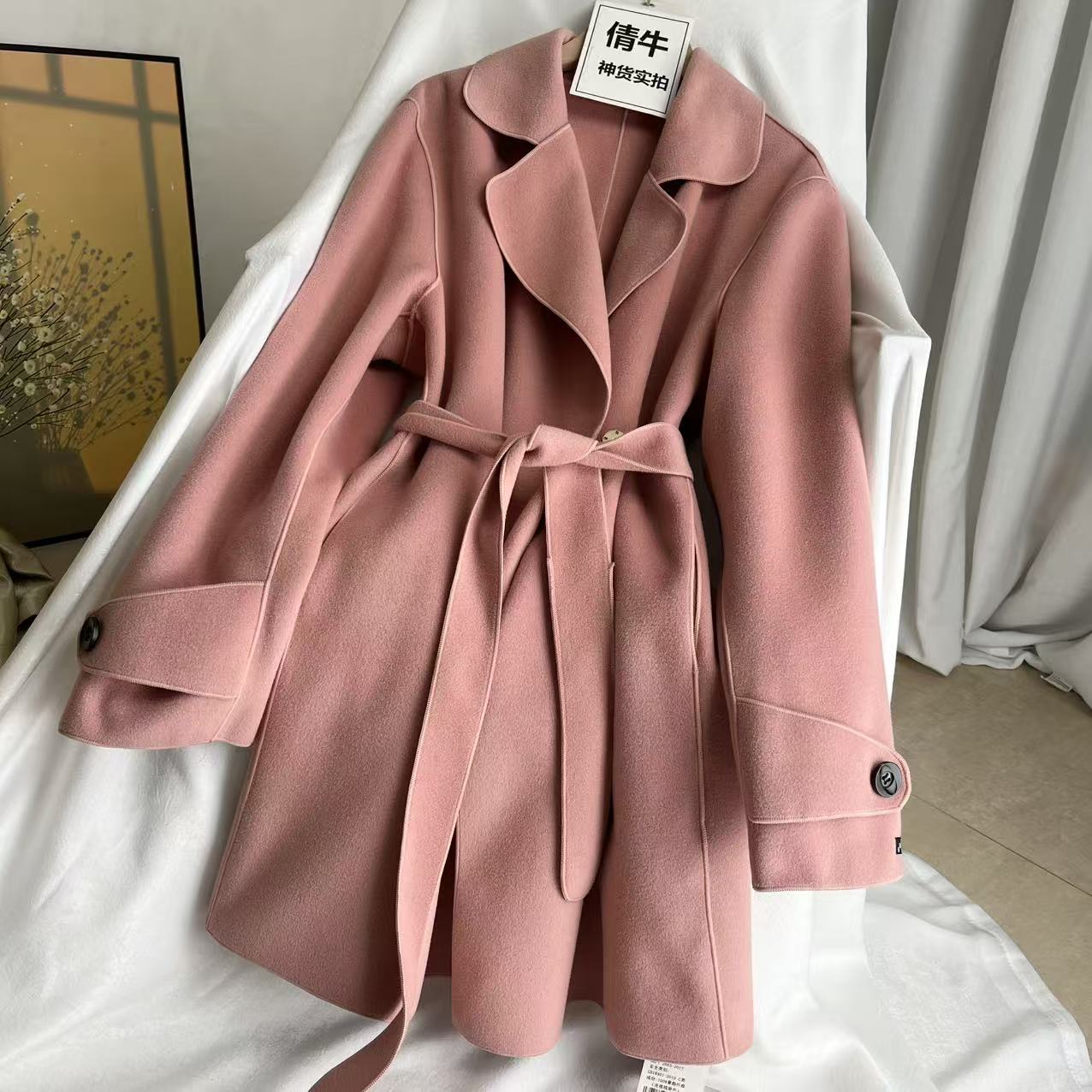 倩牛特价出清】温柔风粉色双面磨毛大衣女中长款系带收腰时尚外套