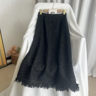 倩牛神货】2026春装新款小香气质流苏金丝羊毛松紧腰半身裙女