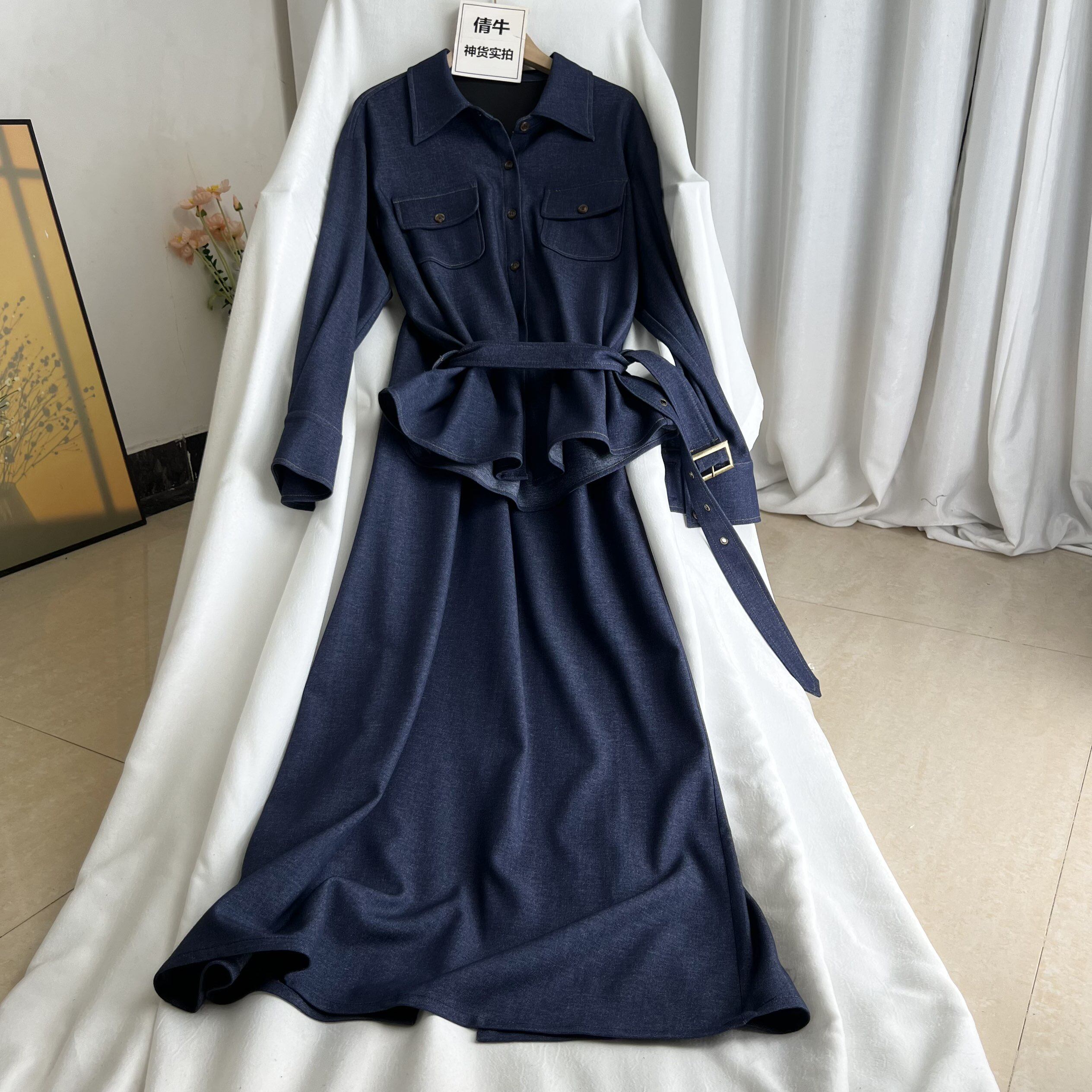 倩牛神货】复古英伦 长袖软牛仔衬衣+半裙棉柔A字裙时尚套装の