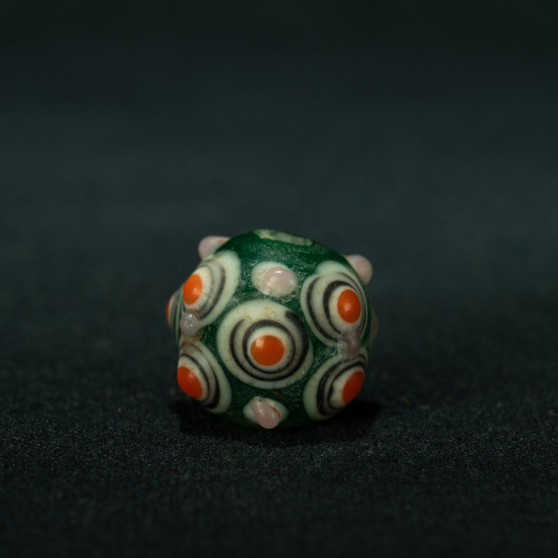 传世老古珠收藏〓战汉纯手工烧制蜻蜓眼老琉璃深绿管珠吊坠老配饰