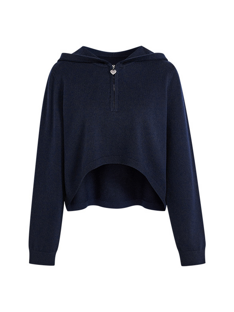Navy cropped hooded sweatshirt with long sleeves on a white background