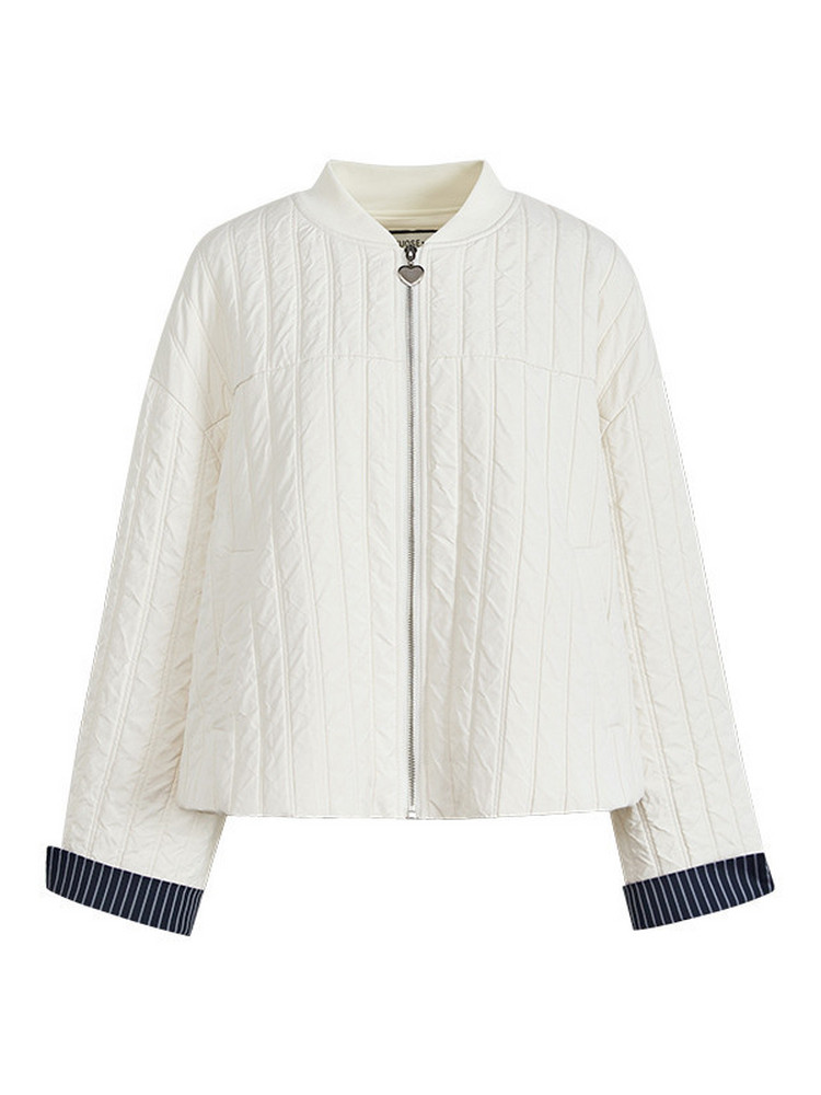 White quilted zip-up jacket with striped cuffs