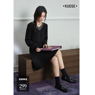 阔色赫本风v领收腰长袖连衣裙女25秋季新款针织打底小黑裙短裙子