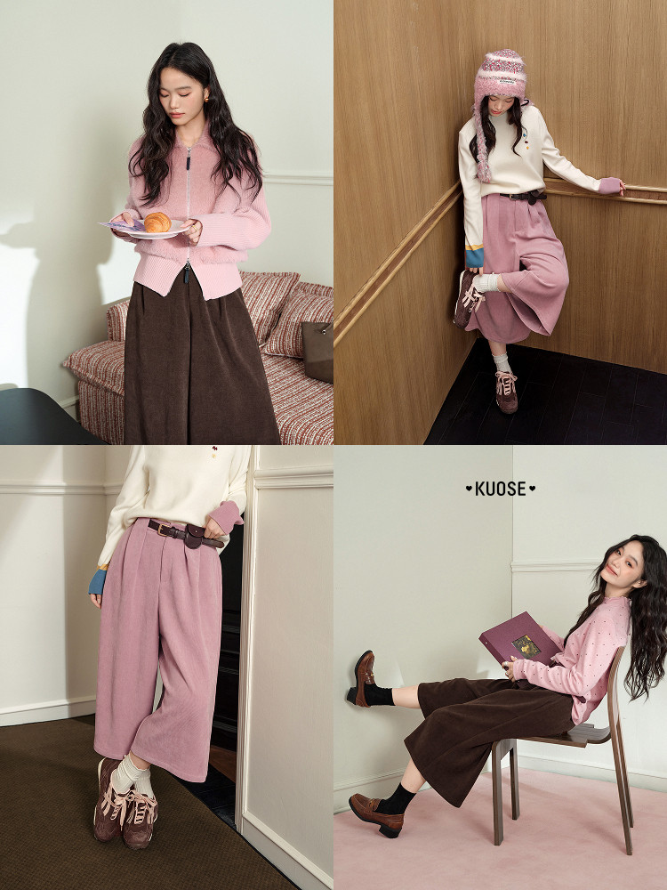 Model wearing a pastel pink and cream knit outfit with brown wide-leg pants and skirt