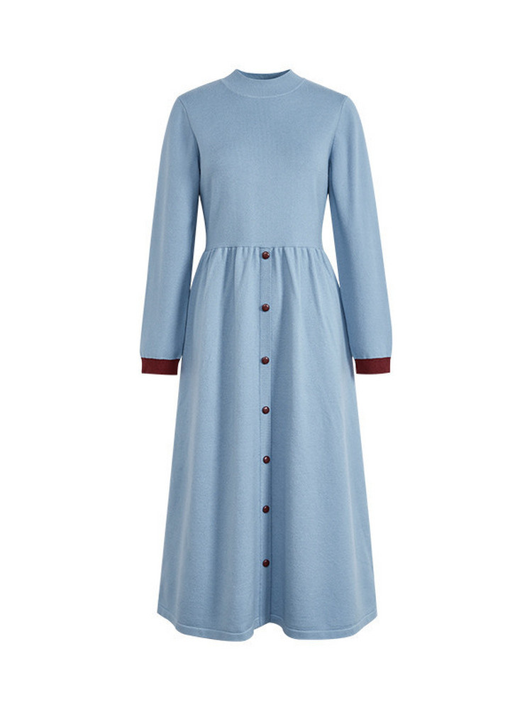 Light blue long-sleeve midi dress with front buttons
