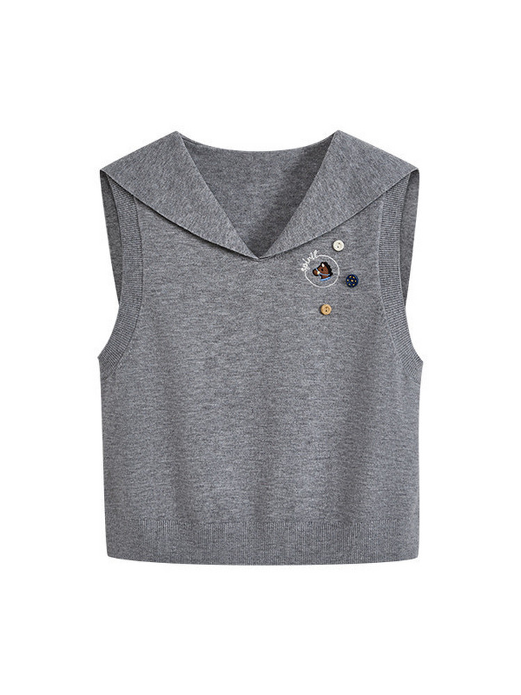Gray sleeveless knit sailor-collar top laid flat on a white background