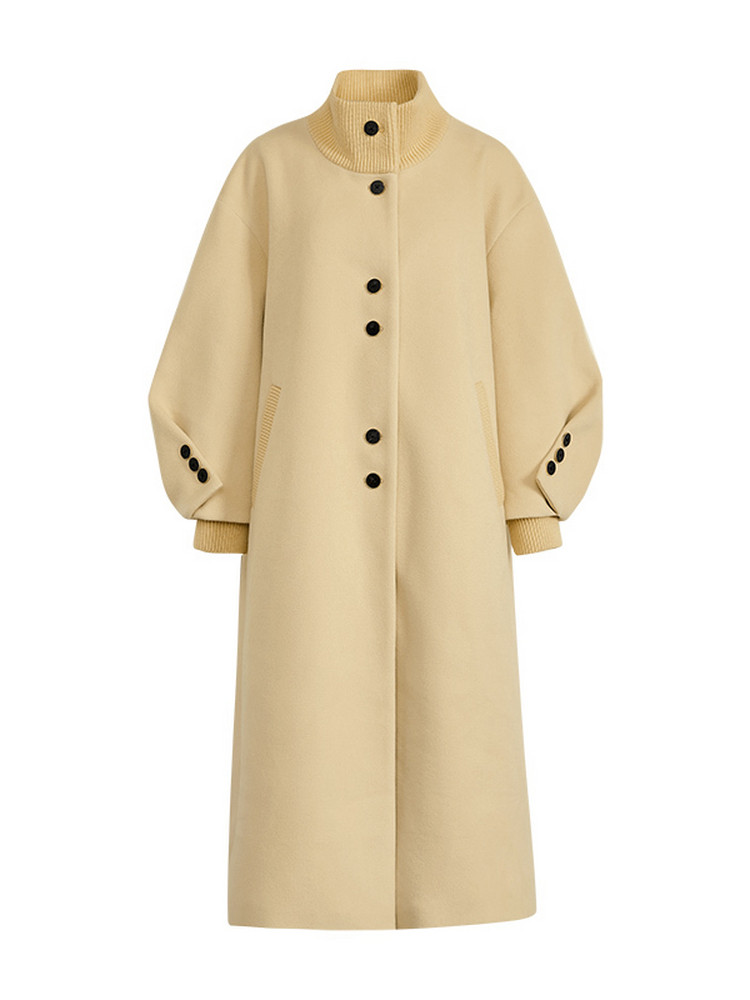 Beige long coat with button front and high collar
