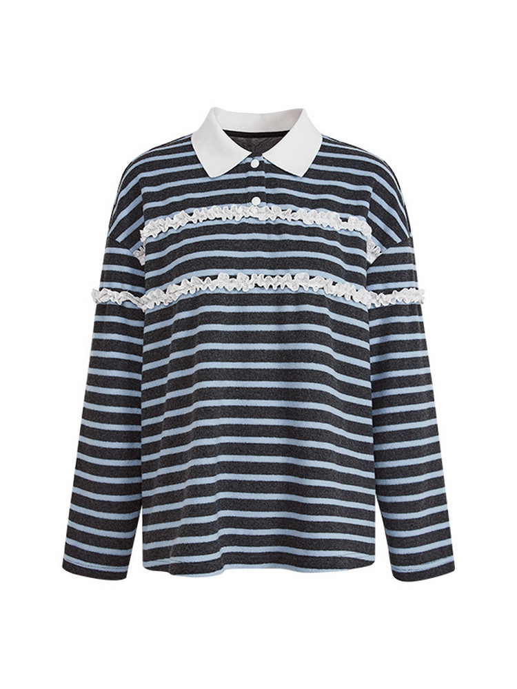 Striped long-sleeve collared top with ruffle trim on a white background