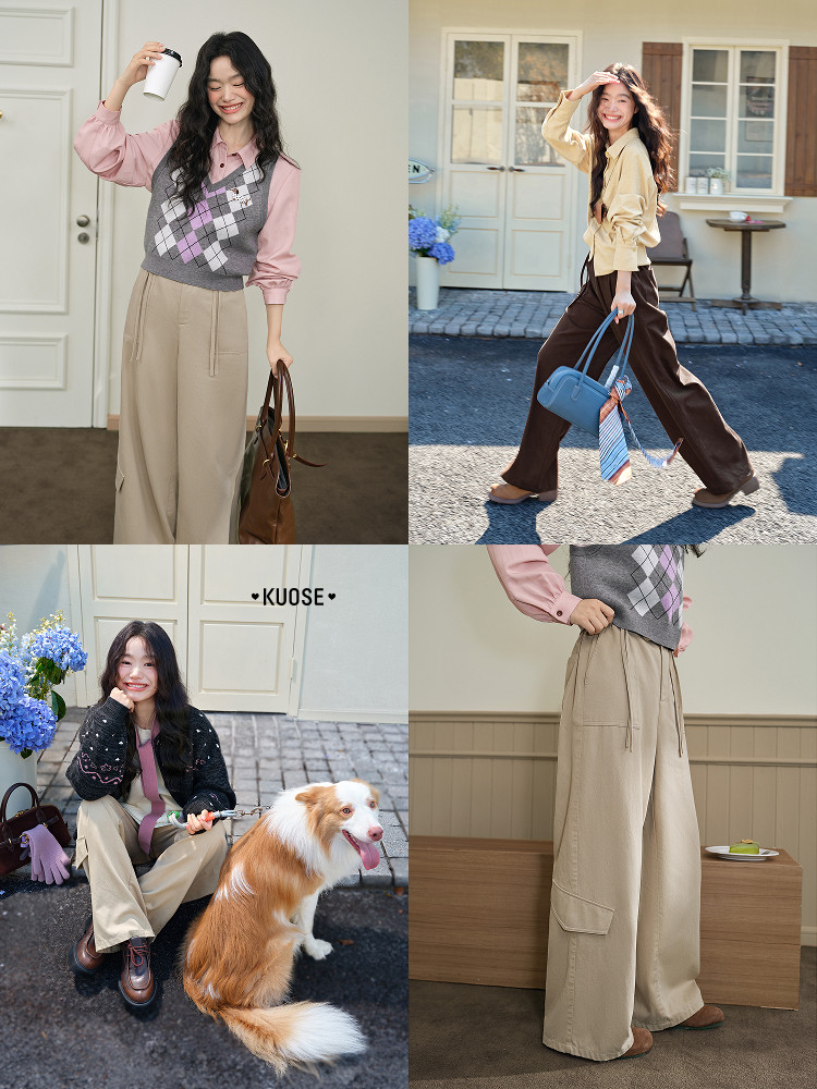 Collage of a woman modeling a beige wide-leg pant outfit in several outdoor and indoor looks