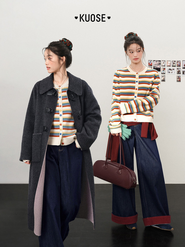Two models wearing striped knit cardigans, long wool coats, and wide-leg jeans