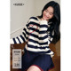 爱心刺绣白色针织衫 阔色慵懒藏蓝色条纹细闪毛衣女2025秋冬季 新款