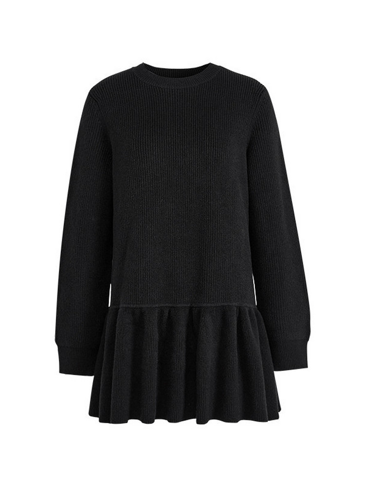 Black long-sleeve knit sweater dress with a ruffled peplum hem