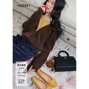 阔色设计感假两件咖啡色毛衣上衣女2025秋冬季新款粉色v领针织衫