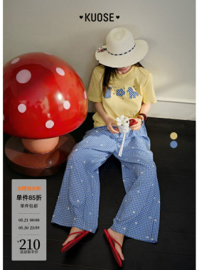 阔色蓝色格子刺绣直筒休闲裤女2026春秋新款黄色高腰阔腿长裤子夏