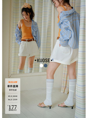 阔色蓝色卷边直筒牛仔短裤子女2026春夏季新款白色显瘦阔腿五分裤