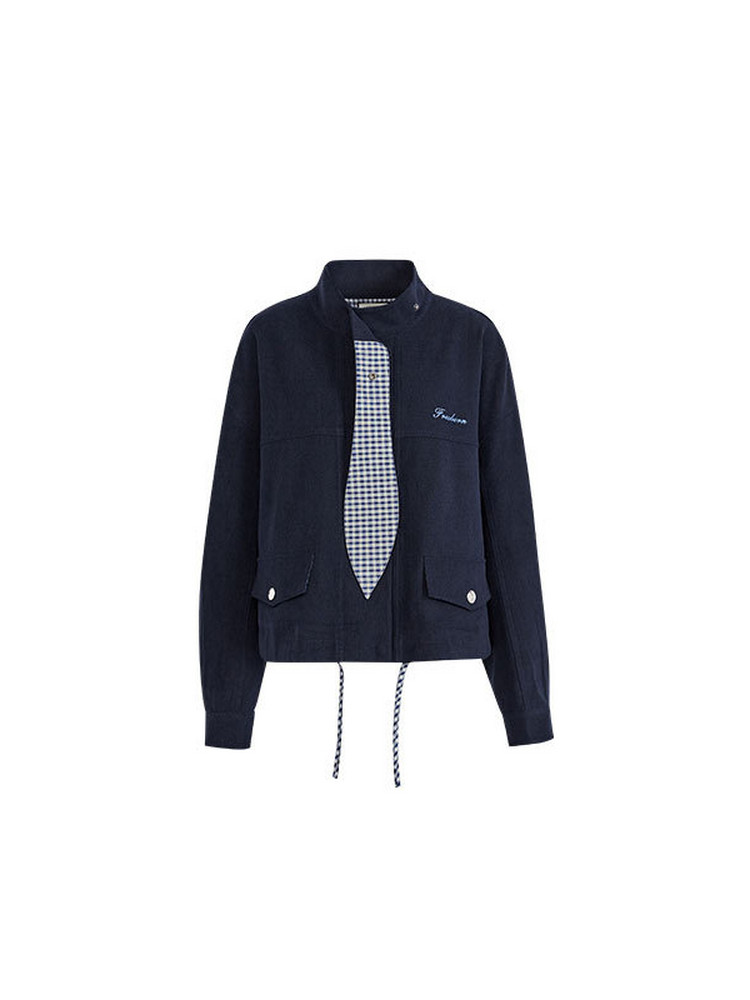 Navy long-sleeve jacket with checkered inner panel and drawstring hem on a white background