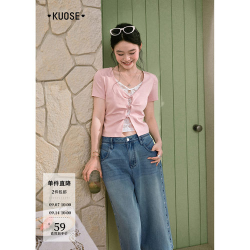 阔色镂空假两件蕾丝短袖T恤女