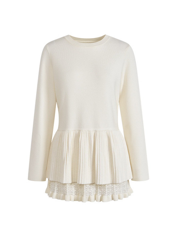 Cream long-sleeve peplum top with pleated hem and lace trim