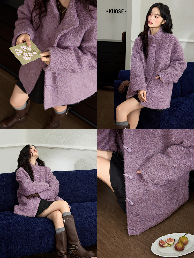 Purple fuzzy coat jacket worn by a model in a collage of product photos