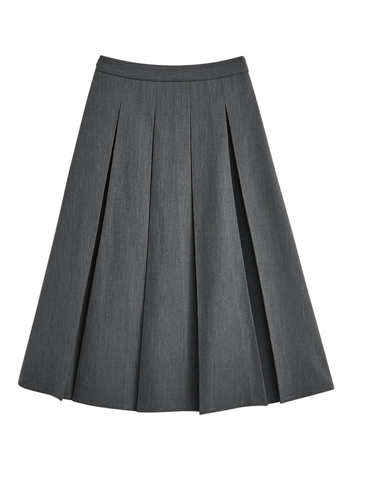 Gray pleated skirt laid flat on a white background