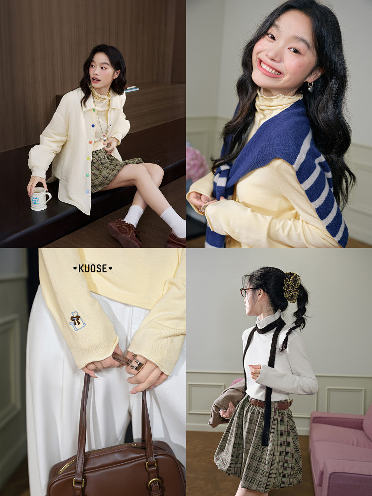 Collage of women wearing a preppy layered outfit with cardigan, turtleneck, and plaid skirt