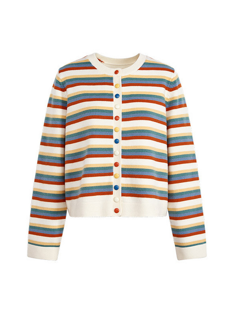 Striped button-front cardigan sweater laid flat on a white background
