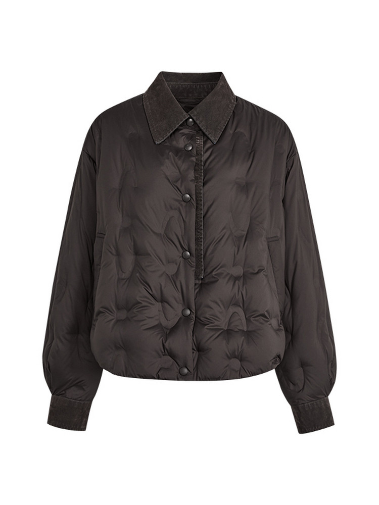 Black quilted button-front jacket on white background
