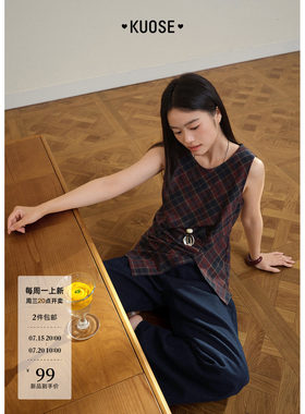 红色复古格子收腰吊带背心