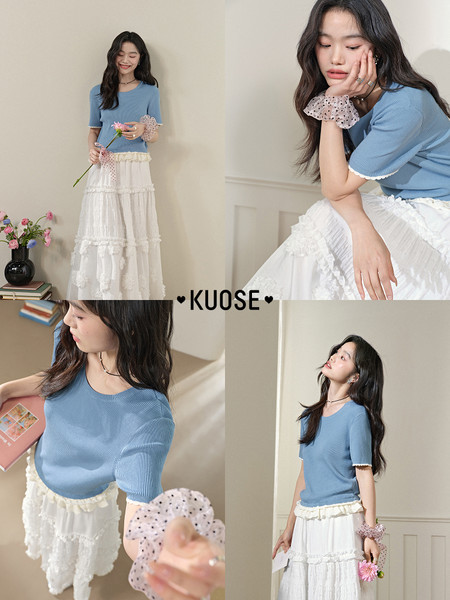 Collage of a woman wearing a blue short-sleeve top with a white tiered skirt