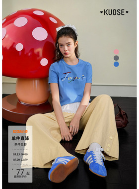 阔色灰色字母刺绣修身上衣女2026春夏季新款蓝色纯棉短袖圆领t恤