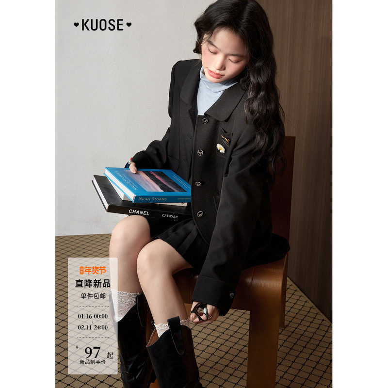 阔色黑色休闲小西装外套长袖女2025秋季新款小香风西服短款上衣春,女装/女士精品,时尚套装,淘宝优惠券,粉丝福利购,淘宝优惠卷