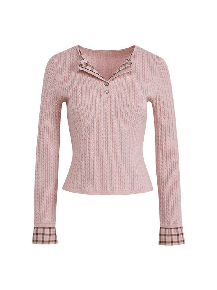 Pink ribbed long-sleeve knit top with plaid collar and cuffs