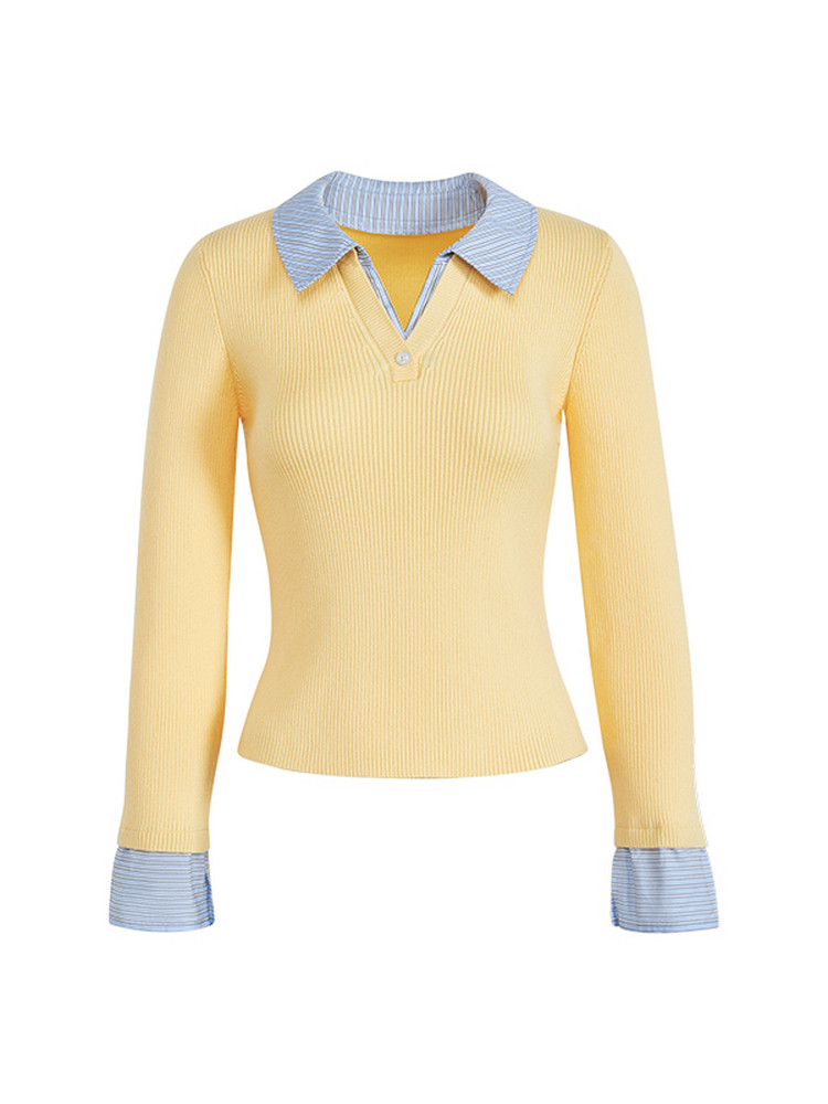 Yellow long-sleeve knit collared top with blue striped cuffs and collar on white background