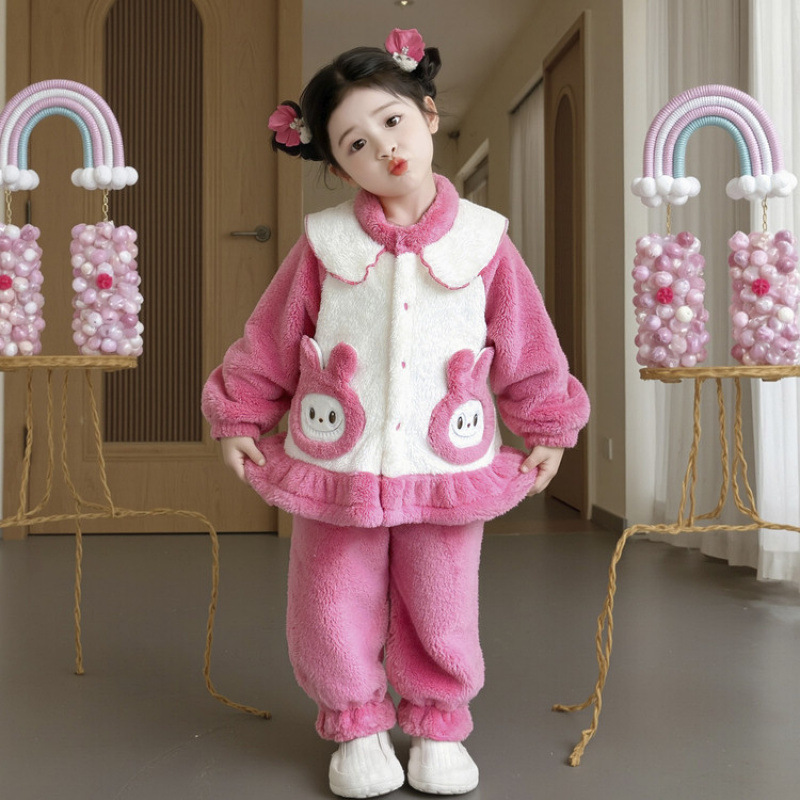 冬季儿童睡衣加绒加厚法兰绒可爱宝宝女童中大童珊瑚绒套装家居服
