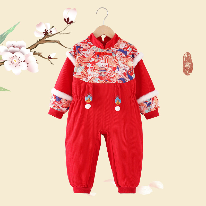 宝宝爬行防脏连体罩衣一体式儿童秋冬外穿玩耍国风婴儿哈衣学爬服