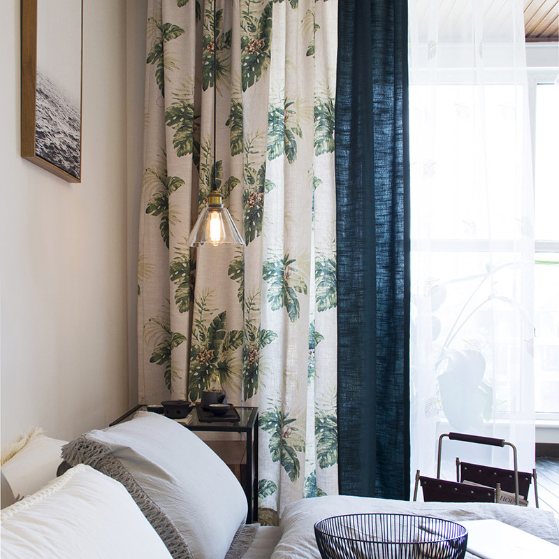 北欧风植物侧拼美式复古棉麻做旧花卉绿色定制客厅卧室飘窗窗帘