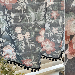 美式静谧麻纱丽莎公主黑色绒豆半帘隔断田园门帘厨房卫生间帘