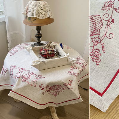 亚麻法式葡萄庄园刺绣桌布
