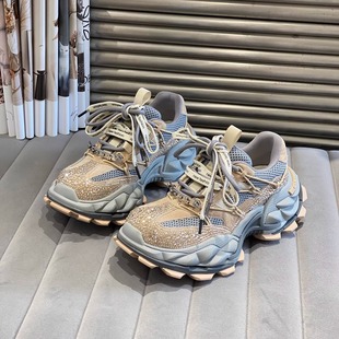 6CM小众鞋 女厚底增高休闲运动鞋 炸街黑色水钻机甲老爹鞋 2025新款