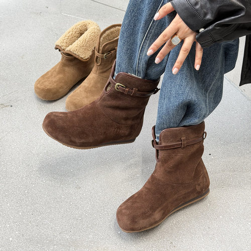 皮带扣平底加绒短靴女磨砂皮