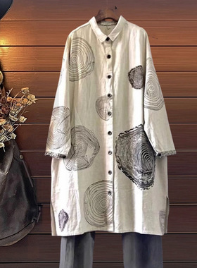 春秋宽松纯棉大码立领衬衫连衣裙长款米白色圆点长裙TINY CUTTLE