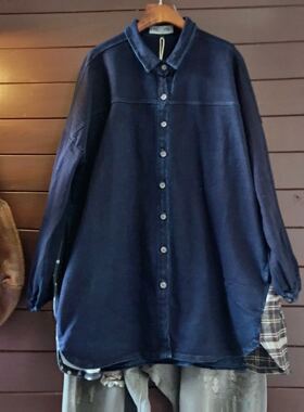 外套日韩外贸秋春宽松女棉长款大版衬衫做旧磨白634181