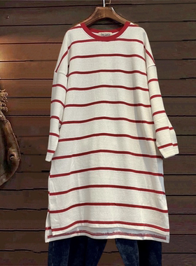 圆领条纹连衣裙春秋装长袖TINY CUTTLE宽松外贸针织女棉长款韩单