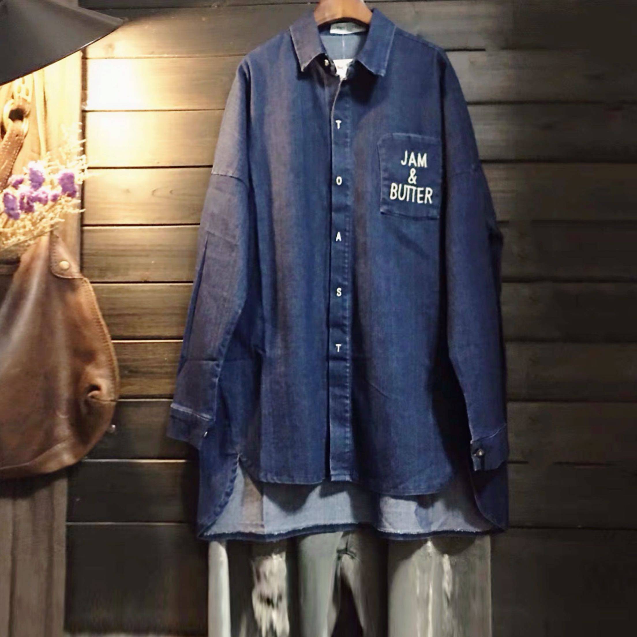 tiny cuttle新款秋春宽松大版女牛仔棉胖长日韩外贸立领衬衫上衣