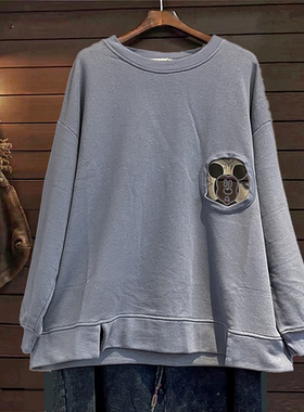 长款宽松卫衣TINY CUTTLE春秋女装纯棉长袖T恤韩单卡通套头白蓝色