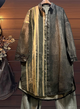 条纹风衣外套中长款春秋女装牛仔衬衫宽松大码气质长款森系休闲