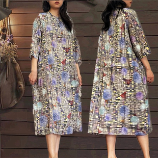 金兆成春秋季新品女立领天丝麻印花宽松女袍子长裙七分袖连衣裙