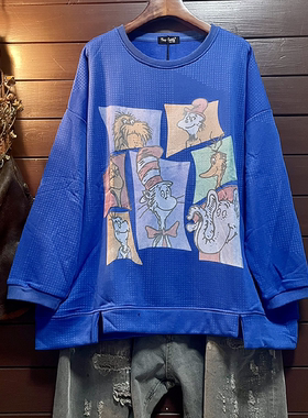 针织套头TINY CUTTLE卫衣春秋宽松大码女装韩版显瘦休闲上衣蓝色