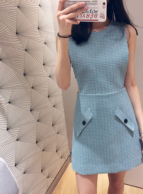 法系M撞色格纹圆领无袖轻熟背心连衣裙格子背带裙女e19riopa95082