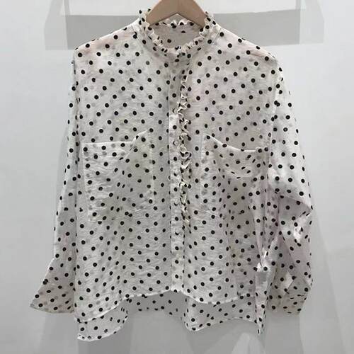 淑女风木耳边波点单排扣长袖衬衫